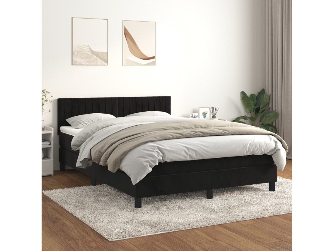 Cama Box Spring Con Colchón Terciopelo Negro 140x200 Cm