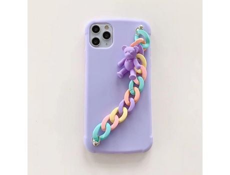 Linda funda de silicona para teléfono móvil con correa de mano de oso de peluche con cadenas compatibles con Apple