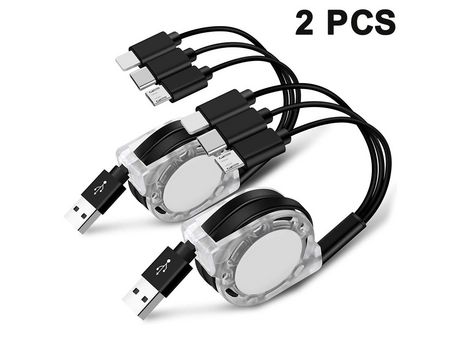 2 piezas para Apple/Android/Type-c Cable de carga 3 en 1 Cable de datos retráctil Cable de carga retráctil para teléfono móvil