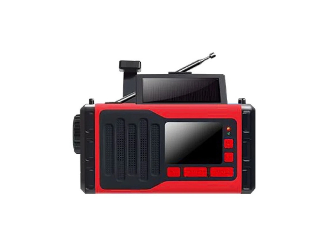 Radio de manivela con energía solar YIZHOOD con linterna multifunción roja de 5000 mAh.