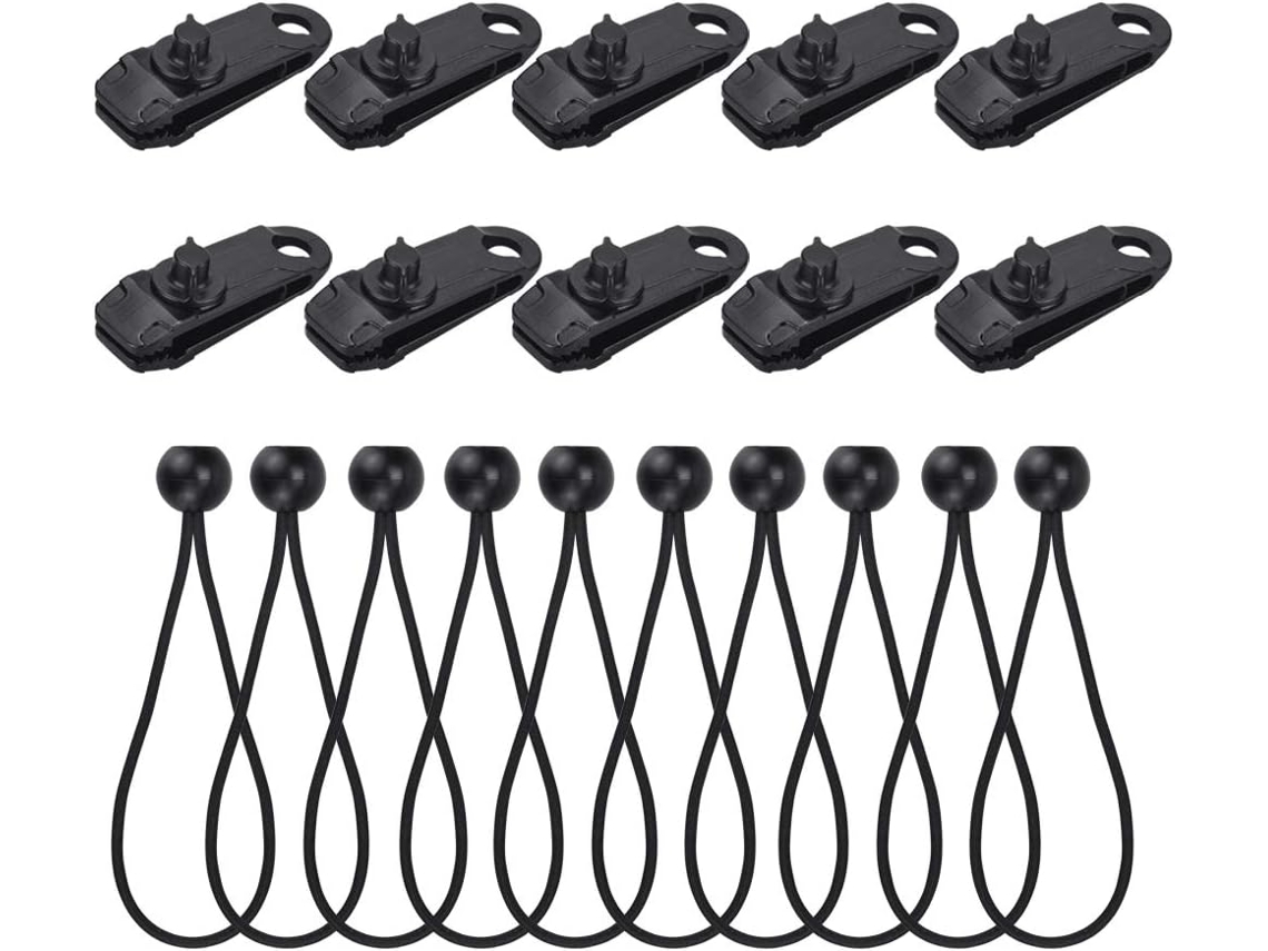 10 cuerdas elásticas de nailon con 10 abrazaderas de ABS para carpas, tensores de lona resistentes para piscinas o carpas de camping (negro)