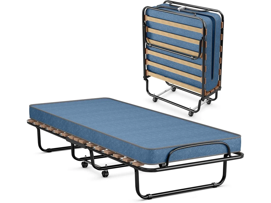 Cama Plegable con Colchón 80 x190cm, Cama Supletoria Plegable con Ruedas, Colchón en Memory Foam, Estructura Resistente y 4 Ruedas Giratorias COSTWAY