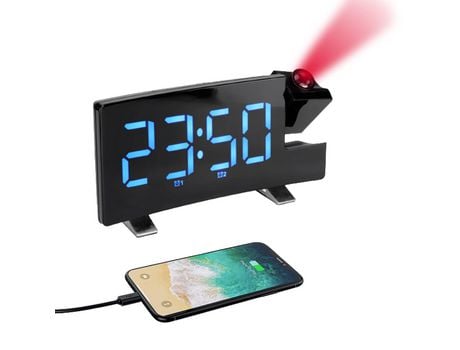 Reloj despertador de proyección digital Reloj despertador LED Proyección giratoria 180 en la pared del techo Radio Fm Cargador USB
