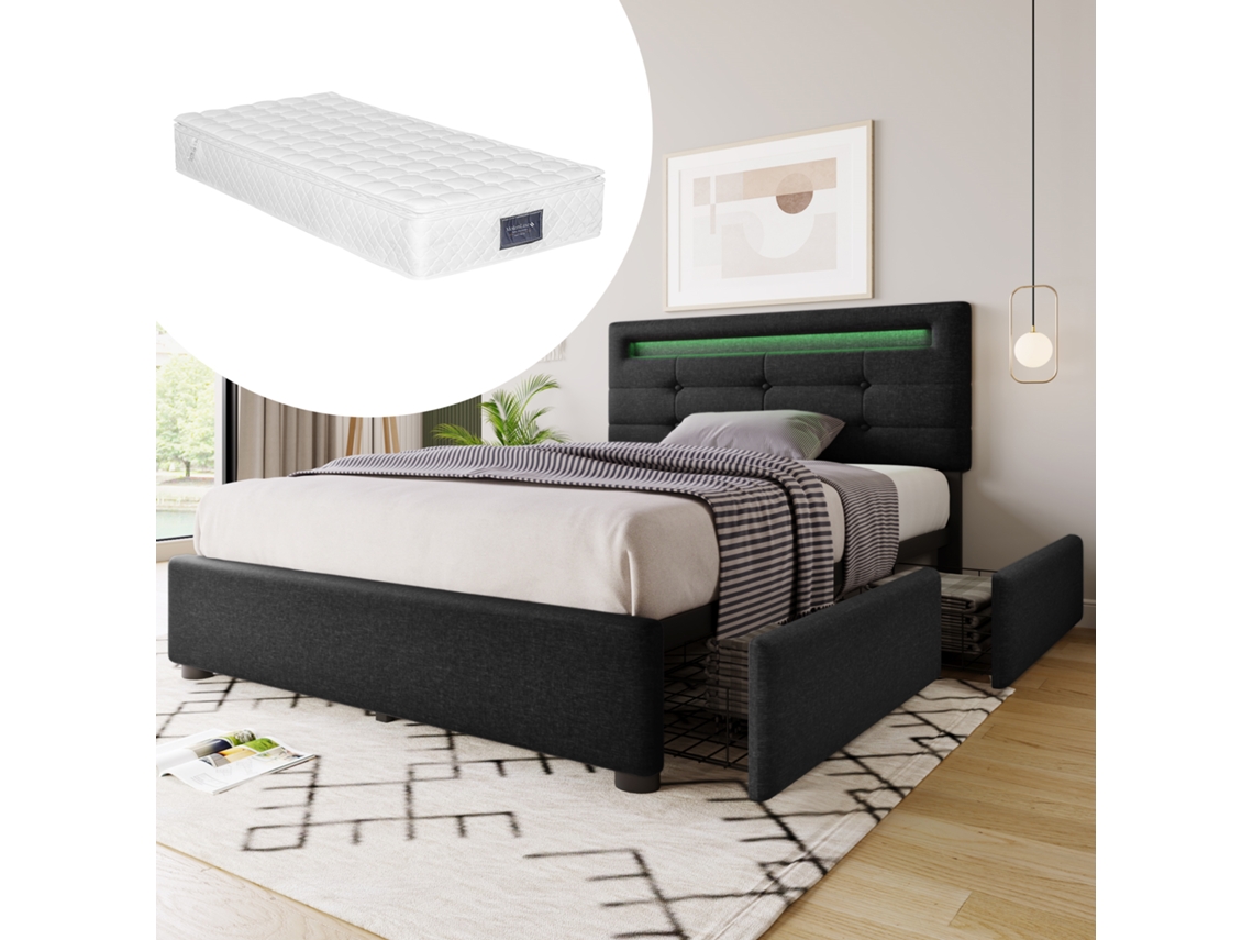 Cama 90x200cm Con Led, 2 Cajones, Colchón Incluido, Cabecero Ajustable, Base De Madera, Robusta 136kg, Negro