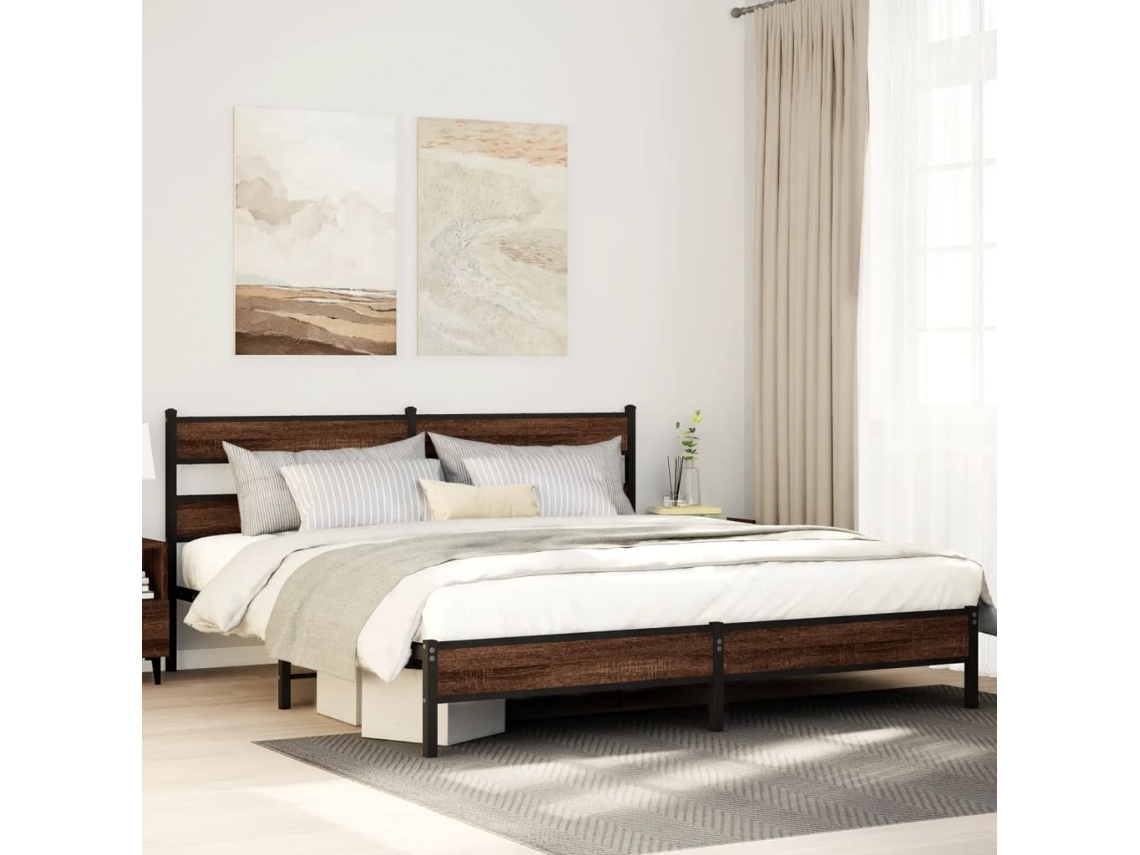 Estructura De Cama Sin Colchón Metal Roble Marrón 193x203 Cm
