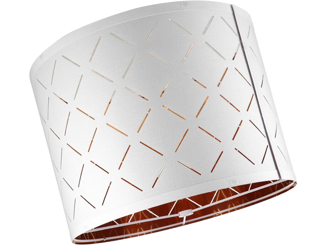 Lámpara de mesa pequeña y ligera, de tela blanca, con forma geométrica semicircular irregular.