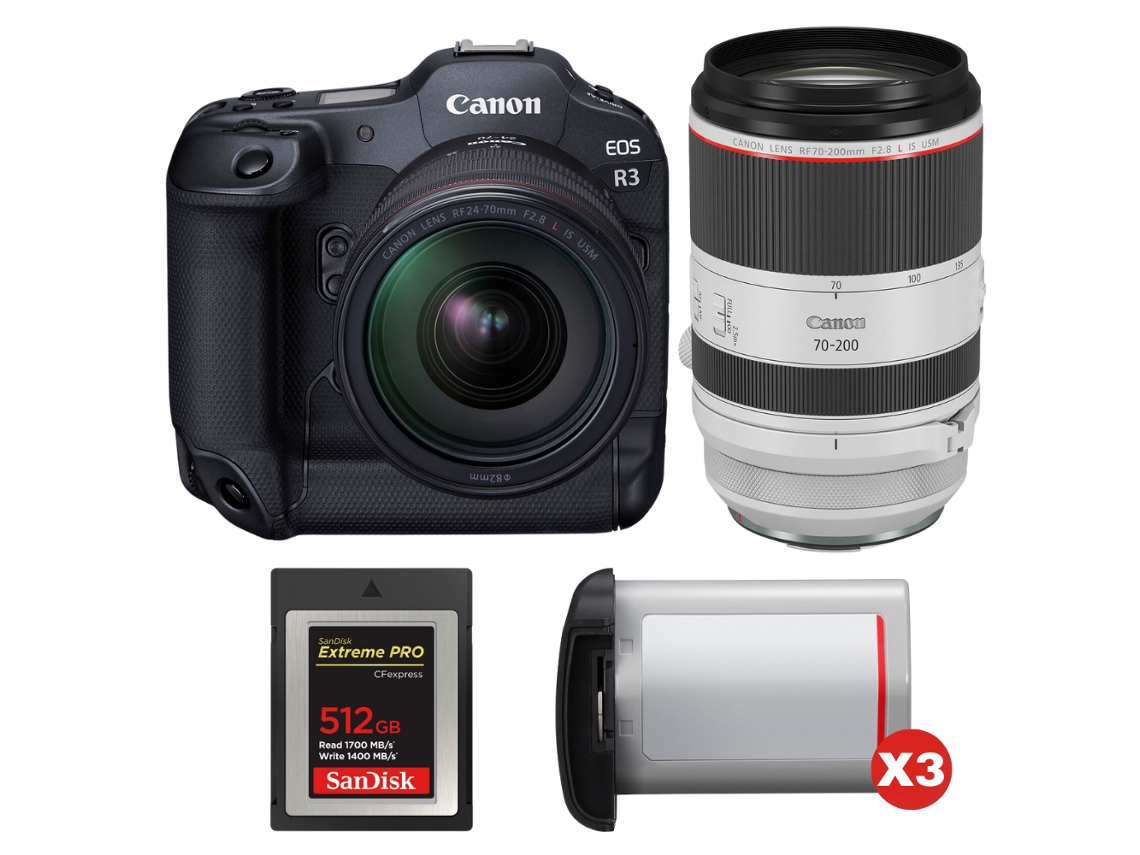 Canon Eos R3 + Rf 24-70mm F/2.8 L Is Usm + Rf 70-200mm F/2.8 L Is Usm + 1 Sandisk 512gb Extreme Pro Cfexpress Type B + 3 Canon L + Ebook Pricedirect