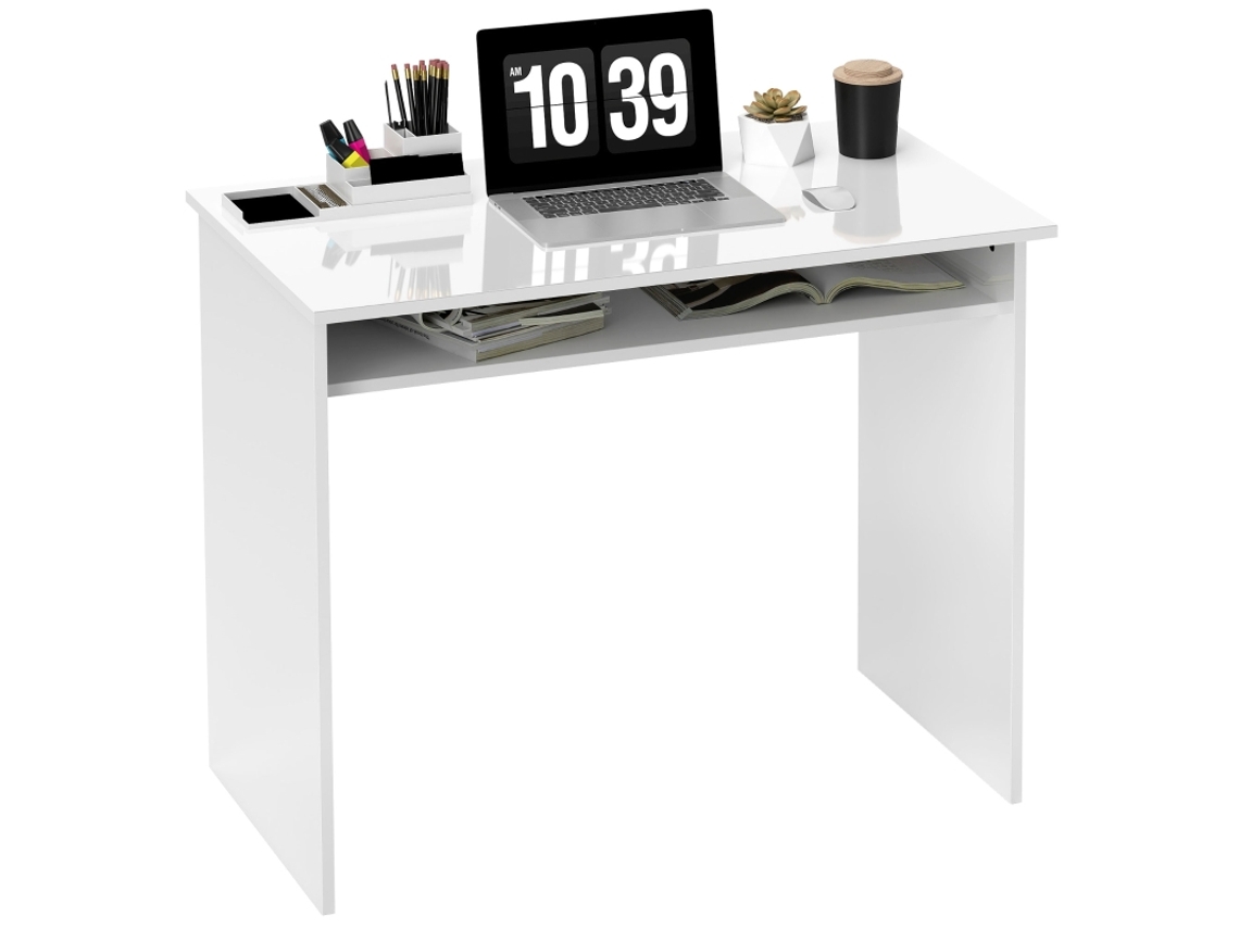 Escritorio de ordenador compacto y minimalista, 1 estante, estructura de aglomerado, 90x50x74 cm, blanco, BGA Store