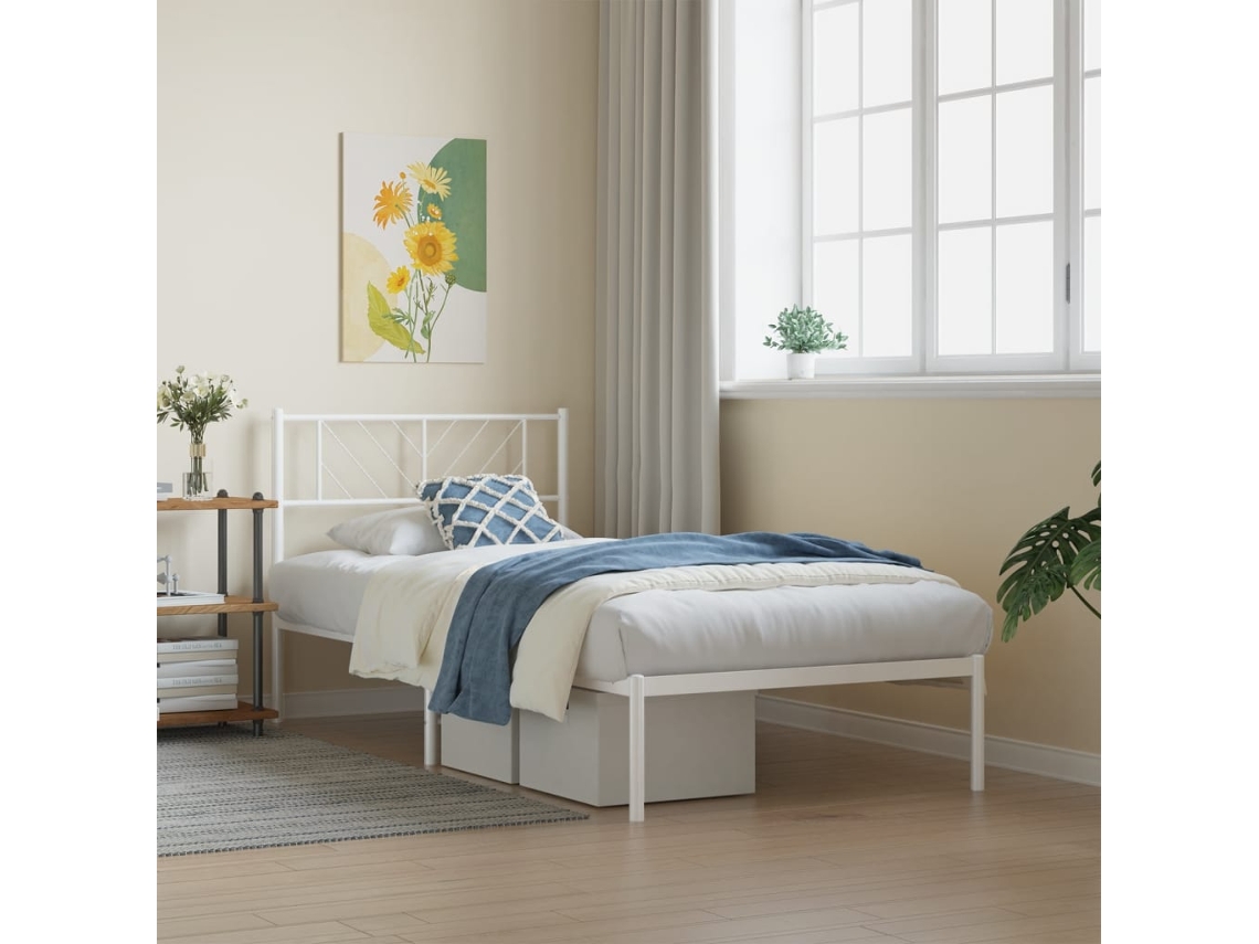 Estructura Cama Sin Colchón Con Cabecero Metal Blanco 90x190 Cm