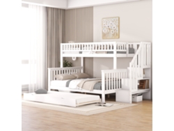 Litera de 90 x 200 cm y 140 x 200 cm, con estructura (sin colchón), cama infantil, pino, con cajón y escalera, color blanco