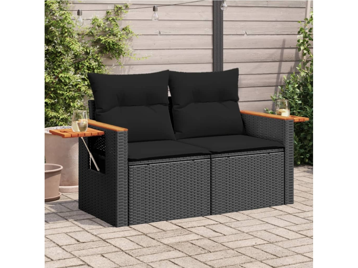 Sofá de jardín de 2 plazas con cojines, mimbre, negro, PE, Dkd Home Decor