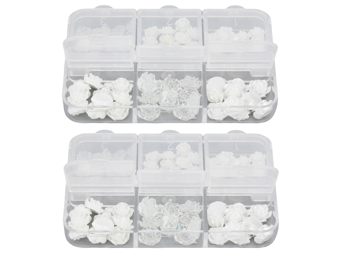 2 cajas de adornos para uñas con rosas blancas y camelias, diamantes de imitación para manicura infantil.