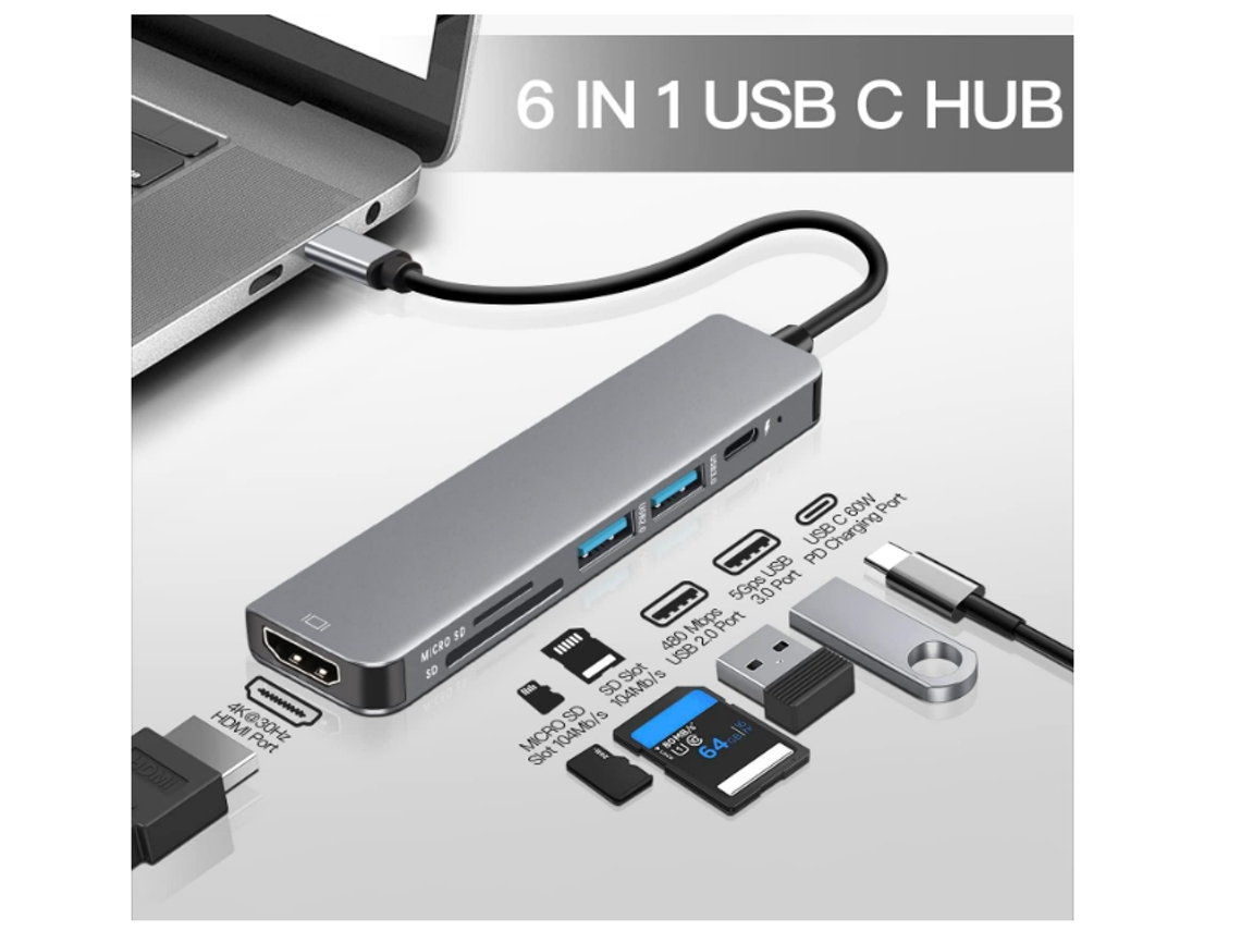 Adaptador multipuerto USB C a HDMI 6 en 1 con HDMI 4K, 1 USB 3.0/1 USB 2.0, carga PD de 60 W, lector de tarjetas Micro SD/SD Yizhood (gris)