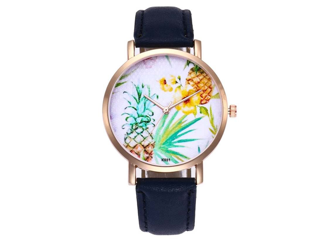 Reloj De Mujer Zhoulianfa, Correa De Pu, Estampado De Piña, Esfera Redonda, Movimiento De Cuarzo, Azul.