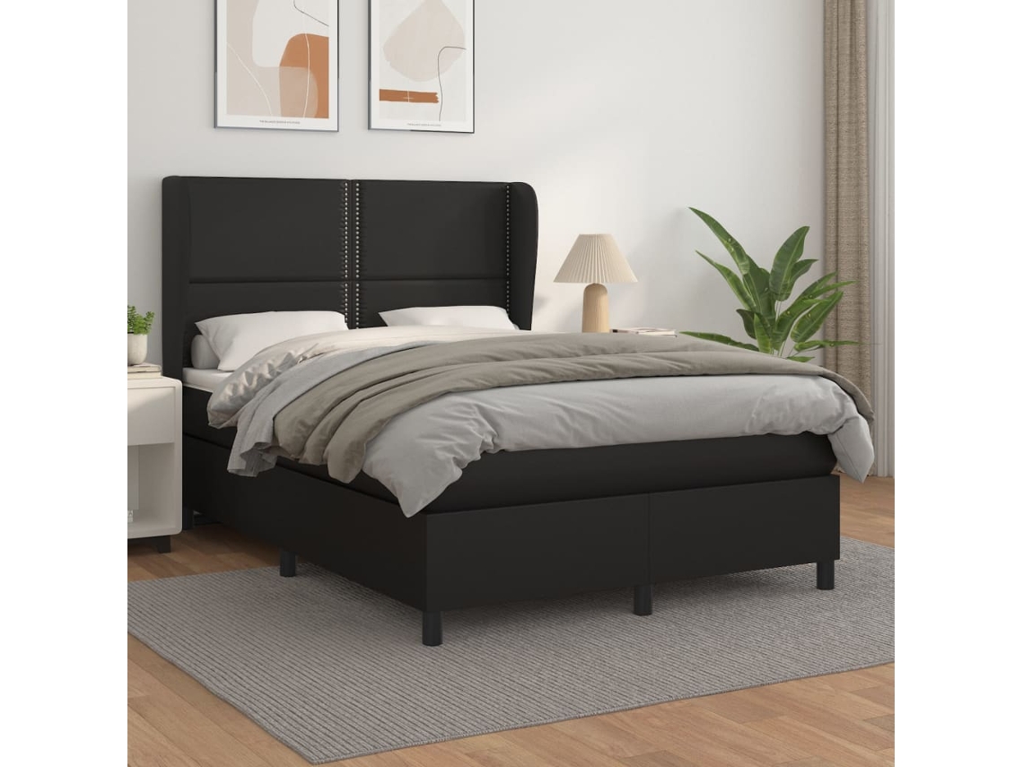 Cama Box Spring Con Colchón Cuero Sintético Negro 140x190 Cm