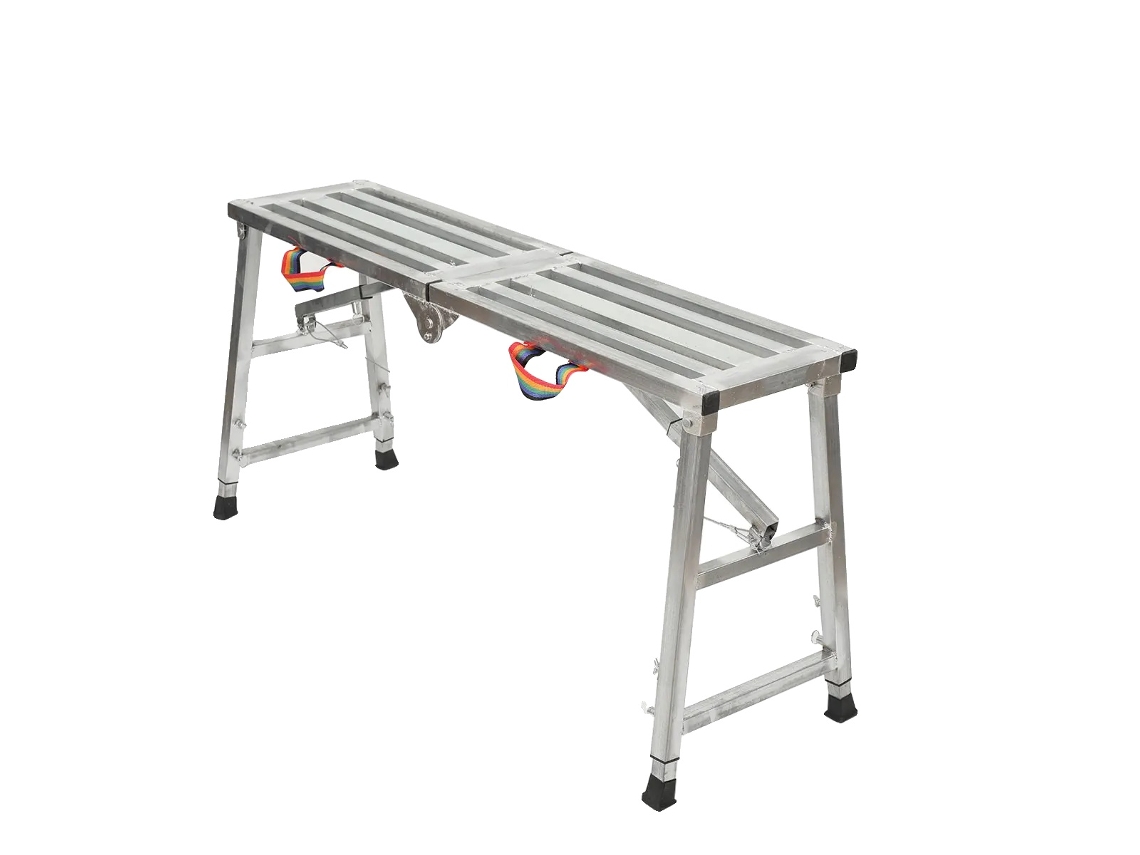 Plataforma de trabajo plegable, altura ajustable de 60 a 90 cm, capacidad de carga de 200 kg, diseño compacto, aleación de aluminio duradera.