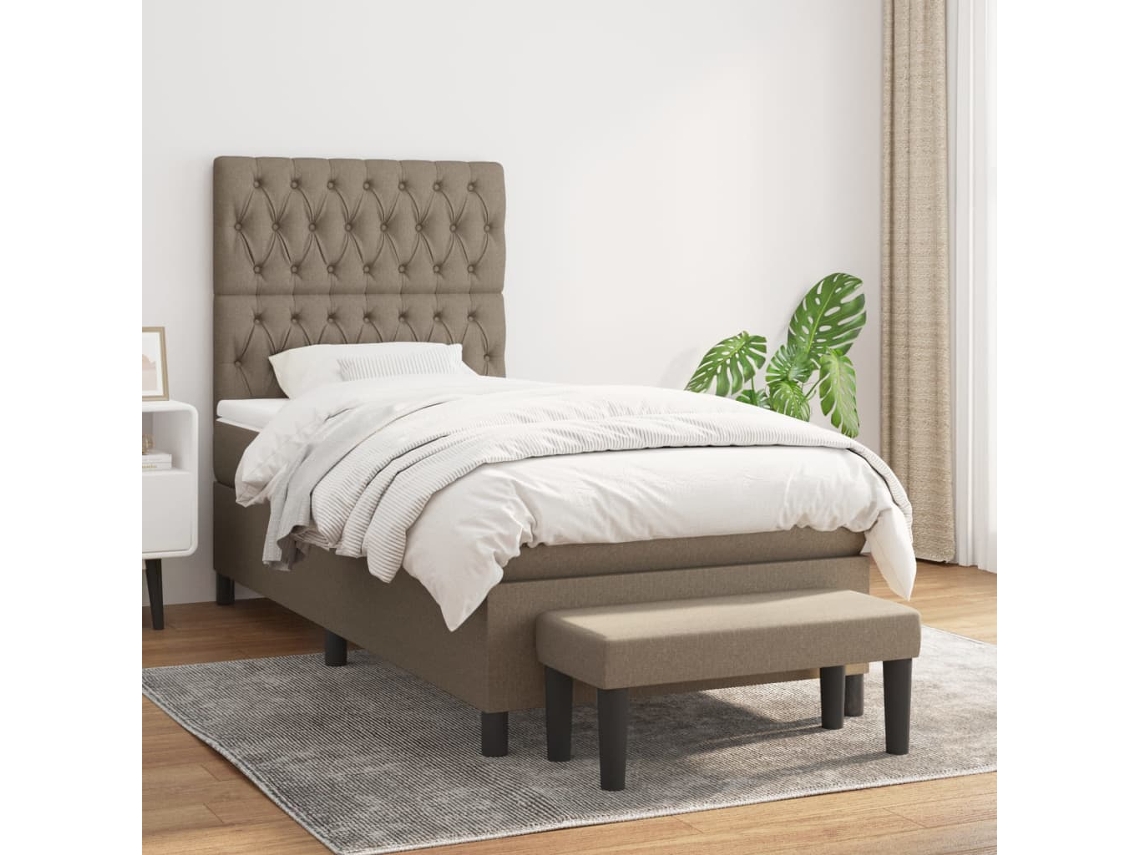 Cama Box Spring Con Colchón Tela Gris Taupe 100x200 Cm