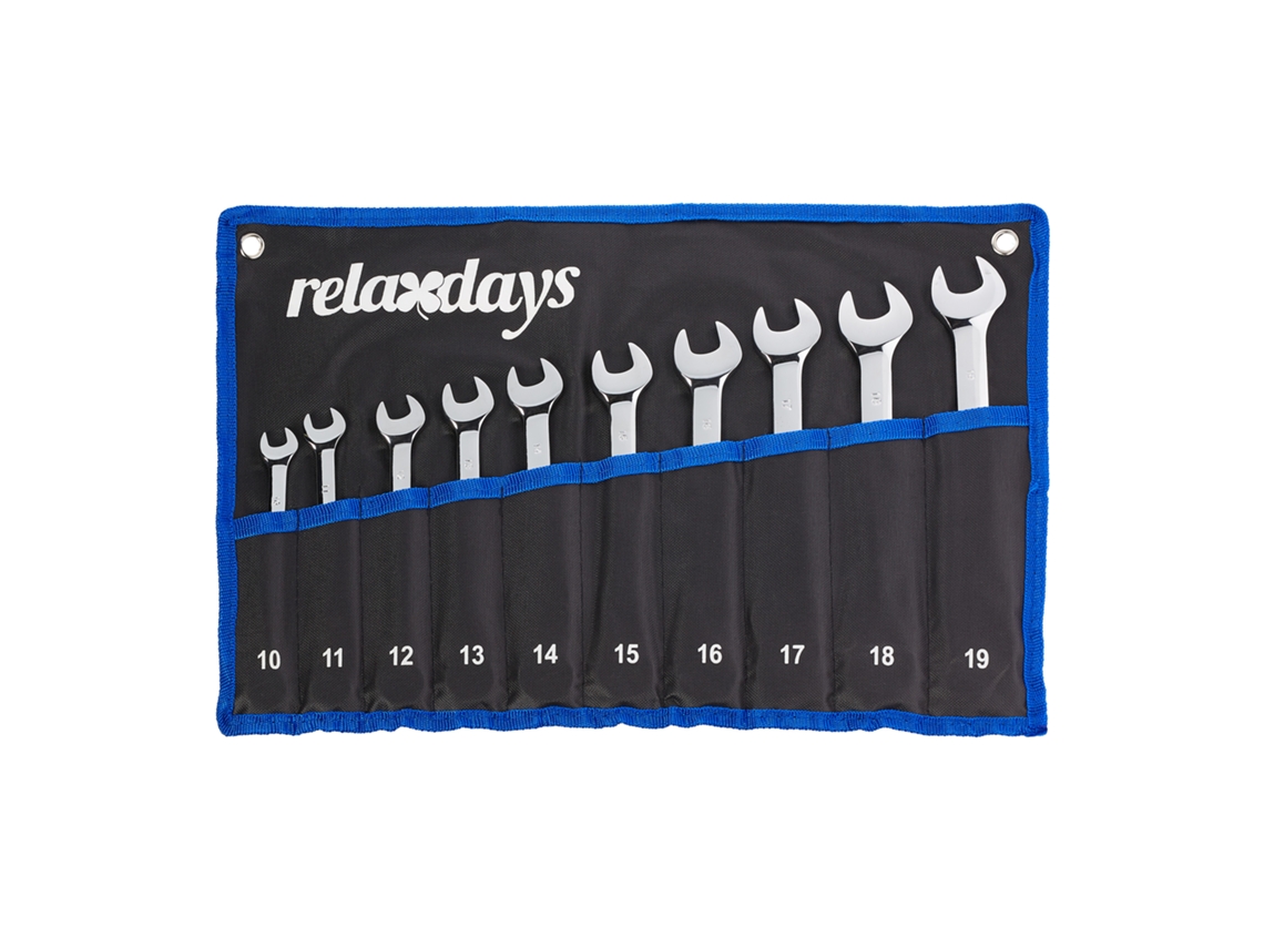 Relaxdays Pack De 10 Llaves Combinadas, De Boca Y Estrella, Con Articulación Y Carraca, 10-19 Mm, Con Bolsa, Negro