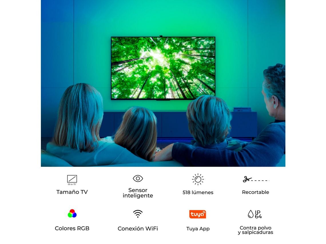 Tiras LED inteligentes para TV Ksix AmbiGlow, Sensor de color, TV 55 a 75”,  RGB, Modos