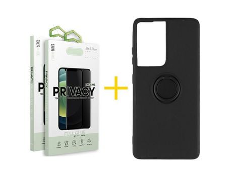 Pack 2 X Película de Vidrio Templado Antiespia + Funda GANDY por Apple iPhone 15 Pro Gel O-Ring Negro