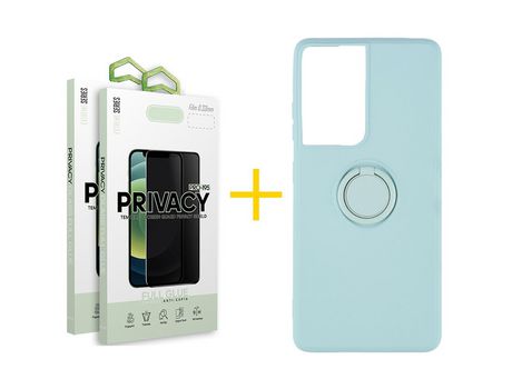 Pack 2 X Película de Vidrio Templado Antiespia + Funda GANDY por Apple iPhone 15 Pro Gel O-Ring Verde-Auga