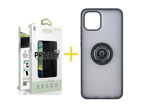 Pack 1 X Película de Vidrio Templado Antiespia + Funda GANDY por Apple iPhone 15 Gel Bumper con Anillo Negro