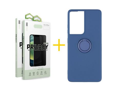 Pack 2 X Película de Vidrio Templado Antiespia + Funda GANDY por Apple iPhone 15 Pro Max Gel O-Ring Azul