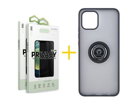 Pack 2 X Película de Vidrio Templado Antiespia + Funda GANDY por Apple iPhone 15 Gel Bumper con Anillo Negro