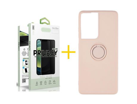 Pack 1 X Película de Vidrio Templado Antiespia + Funda GANDY por Apple iPhone 15 Gel O-Ring Rosa Pastel