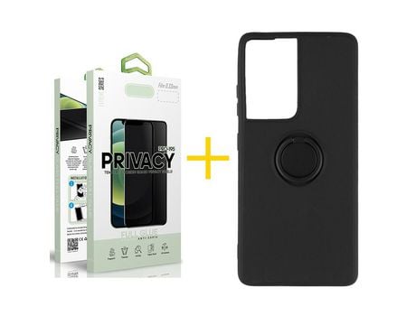Pack 1 X Película de Vidrio Templado Antiespia + Funda GANDY por Apple iPhone 15 Pro Gel O-Ring Negro