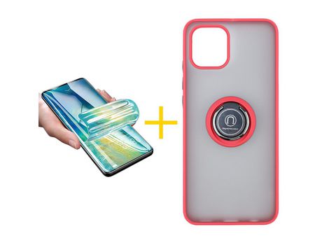 Pack 1 X Película de Vidrio Templado Hidrogel + Funda GANDY por Apple iPhone 15 Gel Bumper con Anillo Rojo