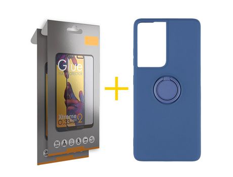 Pack 2 X Película de Vidrio Templado Full + Funda GANDY por Apple iPhone 15 Plus Gel O-Ring Azul
