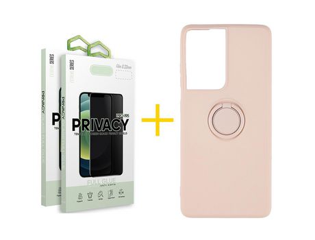 Pack 2 X Película de Vidrio Templado Antiespia + Funda GANDY por Apple iPhone 15 Plus Gel O-Ring Rosa Pastel