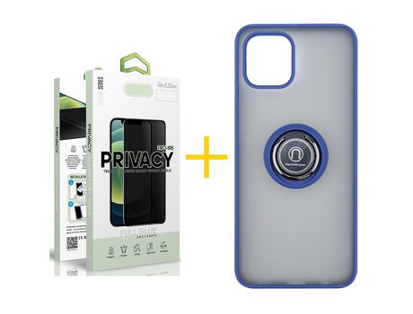 Pack 1 X Película de Vidrio Templado Antiespia + Funda GANDY por Apple iPhone 15 Gel Bumper con Anillo Azul