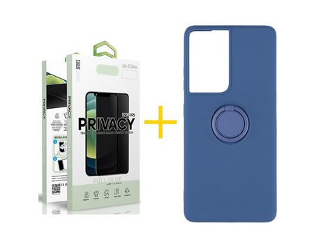 Pack 1 X Película de Vidrio Templado Antiespia + Funda GANDY por Apple iPhone 15 Pro Max Gel O-Ring Azul
