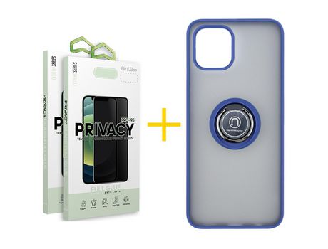 Pack 2 X Película de Vidrio Templado Antiespia + Funda SKYHE por Apple iPhone 15 Plus Gel Bumper con Anillo Azul