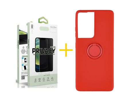 Pack 1 X Película de Vidrio Templado Antiespia + Funda GANDY por Apple iPhone 15 Pro Gel O-Ring Rojo