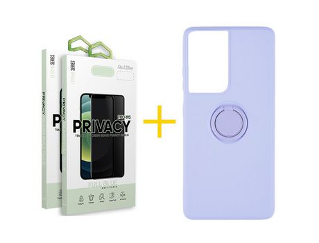 Pack 2 X Película de Vidrio Templado Antiespia + Funda GANDY por Apple iPhone 15 Pro Max Gel O-Ring Roxo