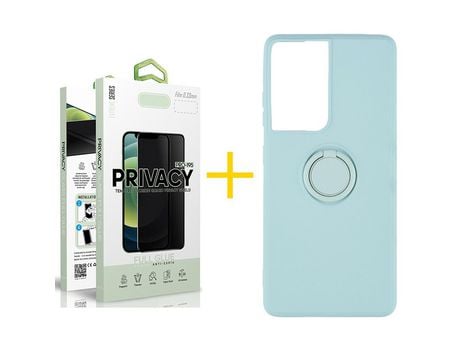 Pack 1 X Película de Vidrio Templado Antiespia + Funda GANDY por Apple iPhone 15 Gel O-Ring Verde-Auga