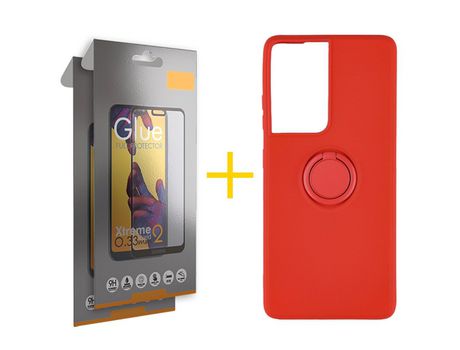 Pack 2 X Película de Vidrio Templado Full + Funda GANDY por Apple iPhone 15 Gel O-Ring Rojo