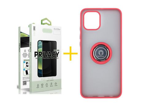 Pack 1 X Película de Vidrio Templado Antiespia + Funda GANDY por Apple iPhone 15 Pro Gel Bumper con Anillo Rojo