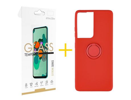Pack 1 X Película de Vidrio Templado 2.5D + Funda GANDY por Apple iPhone 15 Gel O-Ring Rojo