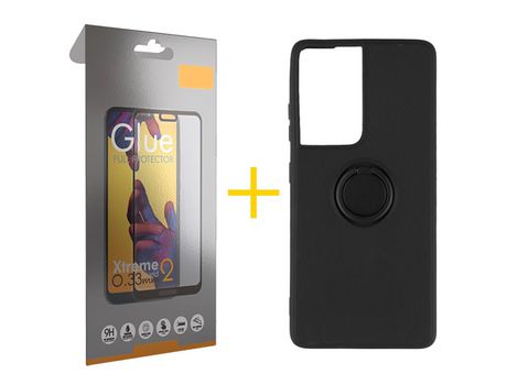 Pack 1 X Película de Vidrio Templado Full + Funda GANDY por Apple iPhone 15 Pro Gel O-Ring Negro