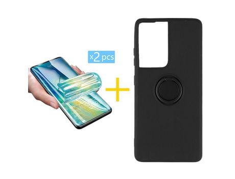 Pack 2 X Película de Vidrio Templado Hidrogel + Funda GANDY por Apple iPhone 15 Pro Max Gel O-Ring Negro