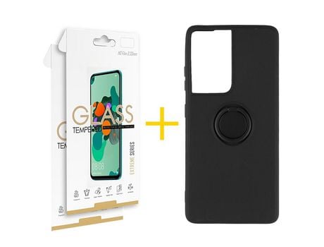 Pack 2 X Película de Vidrio Templado 2.5D + Funda GANDY por Apple iPhone 15 Gel O-Ring Negro