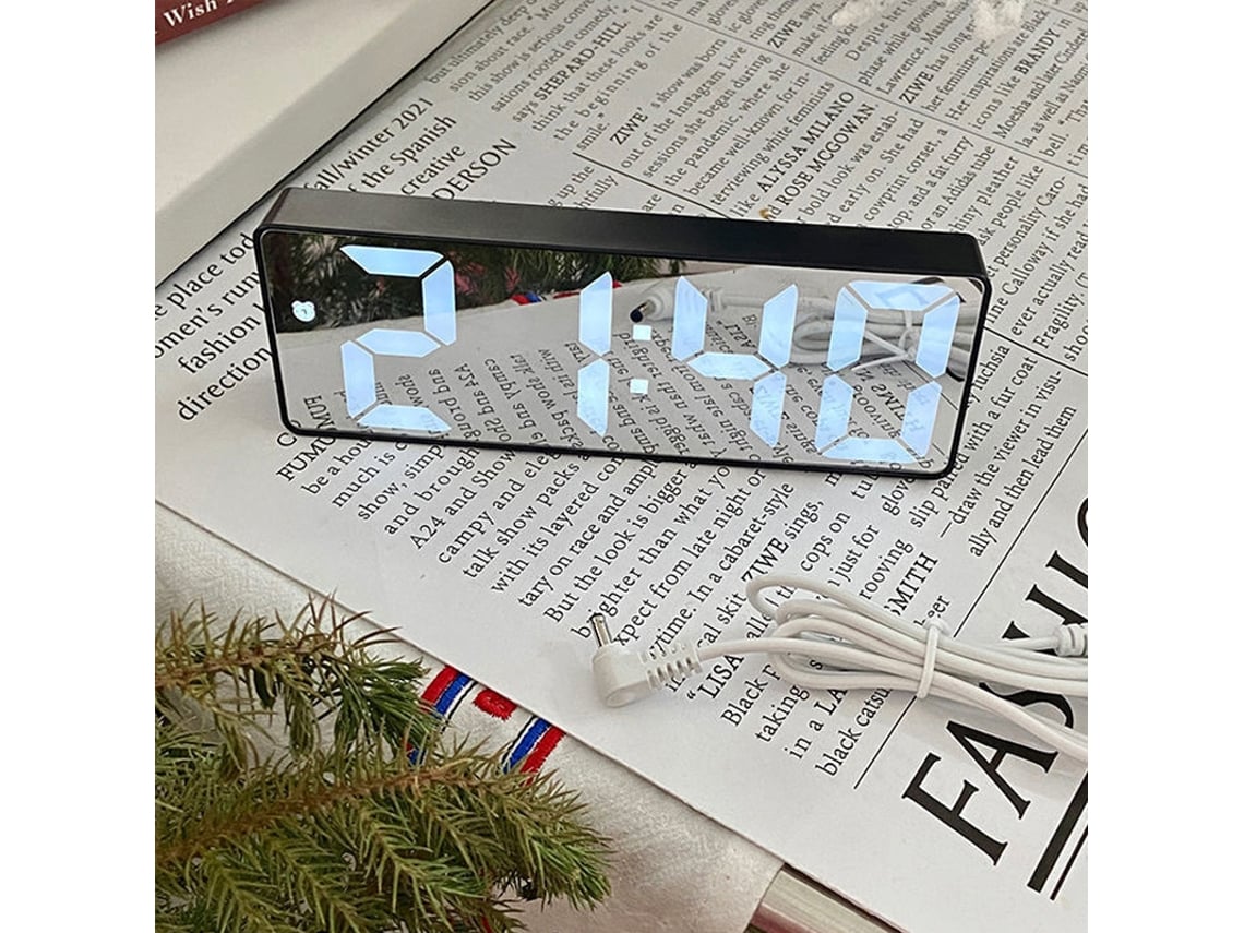 Rebe-reloj Despertador Digital LED, Relógio Espelho Inteligente Silencioso para Estudantes com Cabo de Carregamento, Caixa Preta