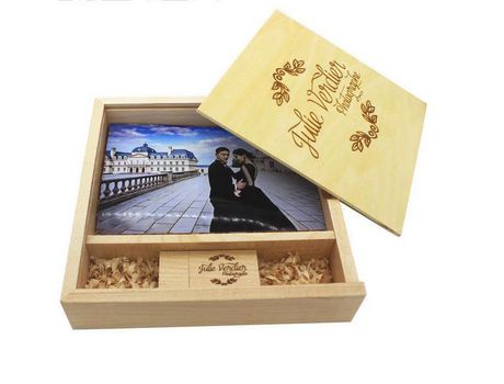 Caja de FotograFía de madera transparente con Pen Drive que graba el logotipo personalizable