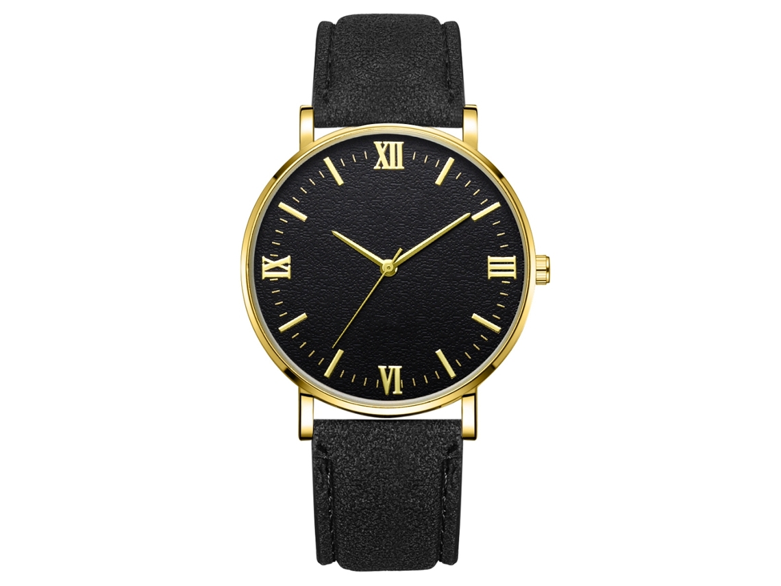 Reloj De Pulsera Mecánico De Cuarzo (correa Negra Caja Dorada Esfera Negra Manecillas Doradas)