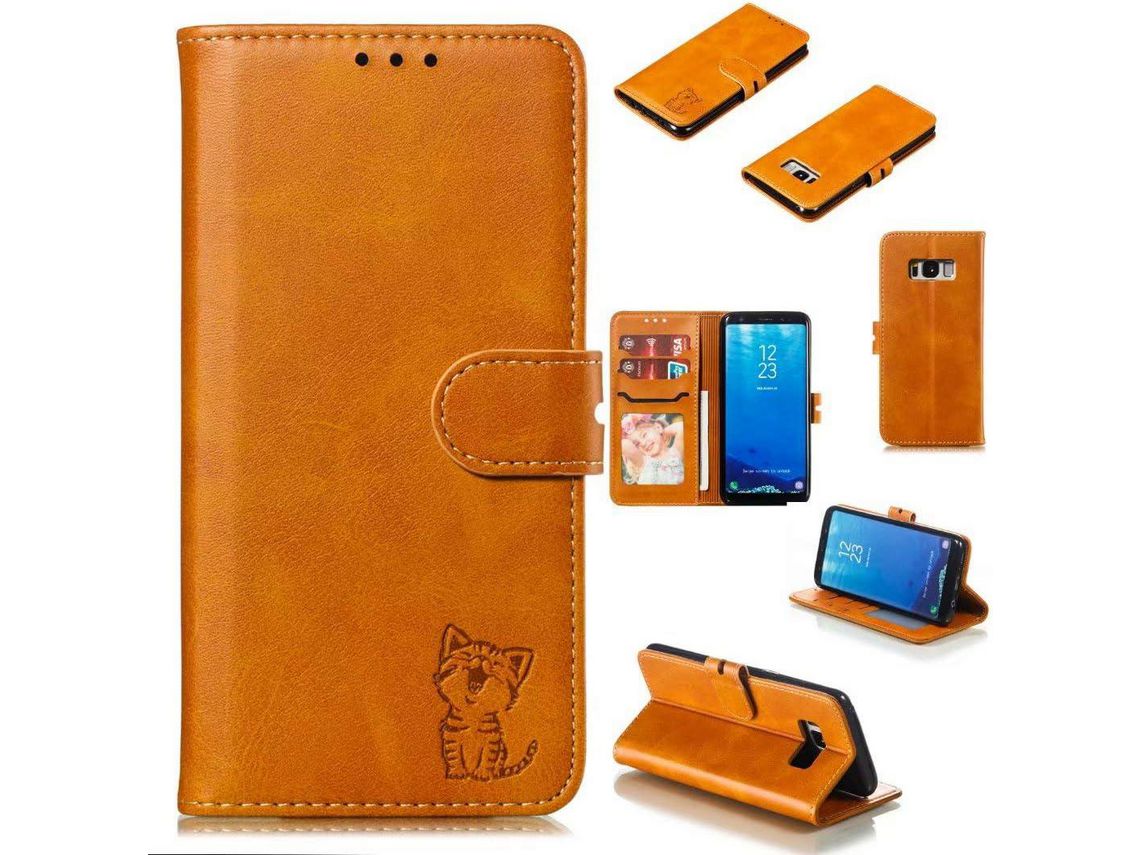 Soporte Coque Portefeuille Etui Avec Fentes Cartes Fonction Film Protection Écran Housse para Samsung Galaxy S8 Plus/S8+ HONGWE. Piel Marrón