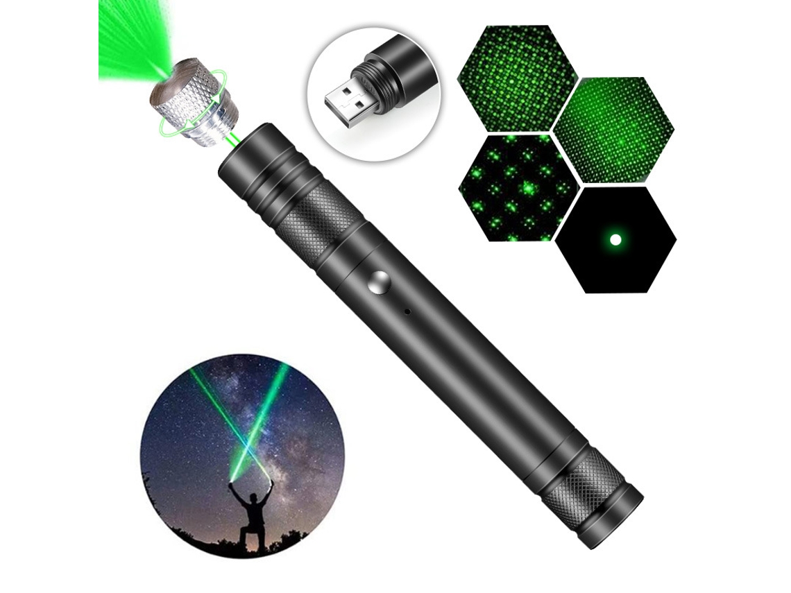Puntero láser recargable de alta potencia, línea verde con tapa en forma de estrella, enfoque ajustable de largo alcance, color negro.